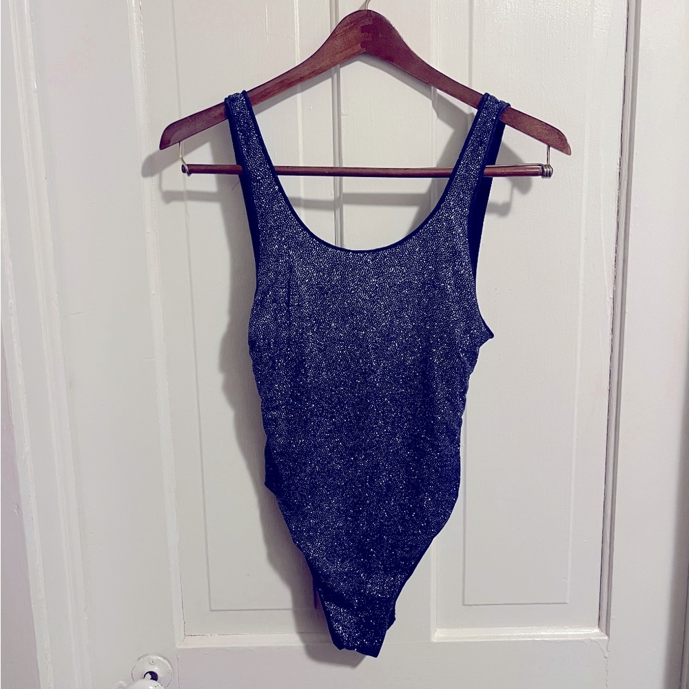 Oseree one-piece bathing suit swim size small navy blue glitter